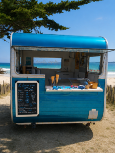 Caravane bleue de L'Évasion Givrée installée face à la plage des Sables Blancs à Concarneau, proposant des glaces artisanales, sorbets et gourmandises dans un cadre estival en Finistère.