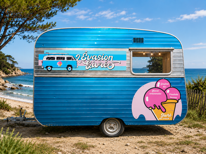 Caravane bleue de L'Évasion Givrée installée à la plage des Sables Blancs de Concarneau.