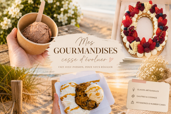 Montage photo des gourmandises artisanales de L'Évasion Givrée avec une glace au chocolat, un Number Cake aux fruits rouges et un cookie servi avec une boule de glace vanille et de la chantilly, dans une ambiance bord de mer au coucher du soleil.