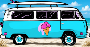 Logo de L'Évasion Givrée avec un combi van bleu, glacier artisanal en Finistère.